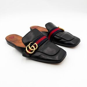 Gucci GG Web Stripe Peyton Mules Flat Slides Black Leather Loafers EU 39 US 9